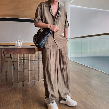 Aidase Mens Casual Light Shirt Wide Leg Pants 2024 New Genderless Fashion Vacation Basics Versatile Solid Color Suit Two-Piece Unisex aidase-shop